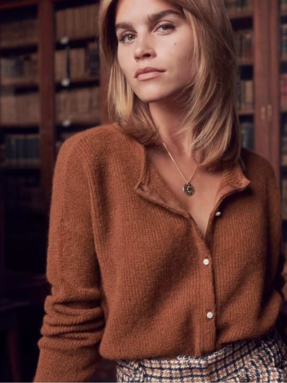 Sezane Gaspard Kid Mohair Wool Button-Up Cardigan in Carmel Sz Small